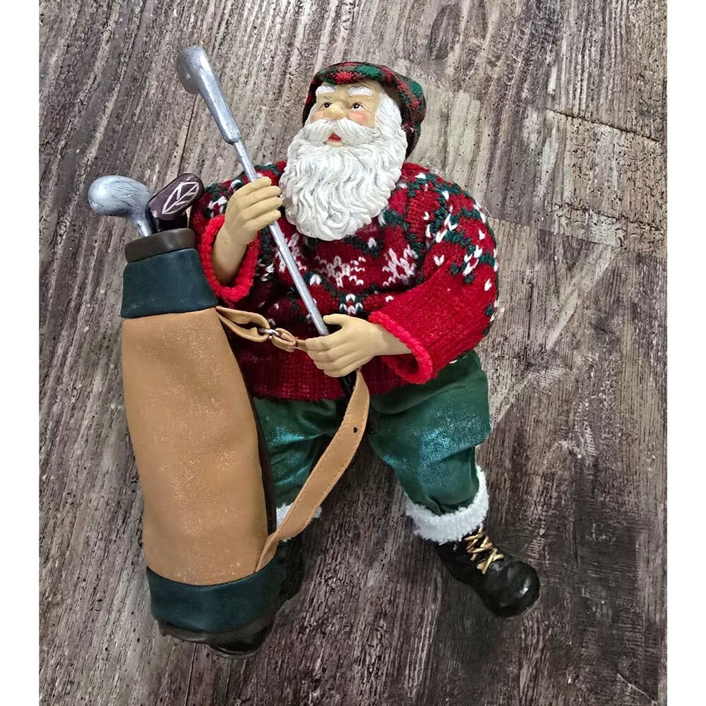 Santa Claus Golfer Figurine w/ Golf Bag & Clubs 8in 3D Fair Isle Christmas